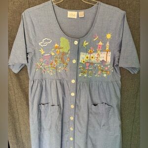 Go Softly Patio Dress Women L Denim Chambray 100% Cotton Embroidered Floral